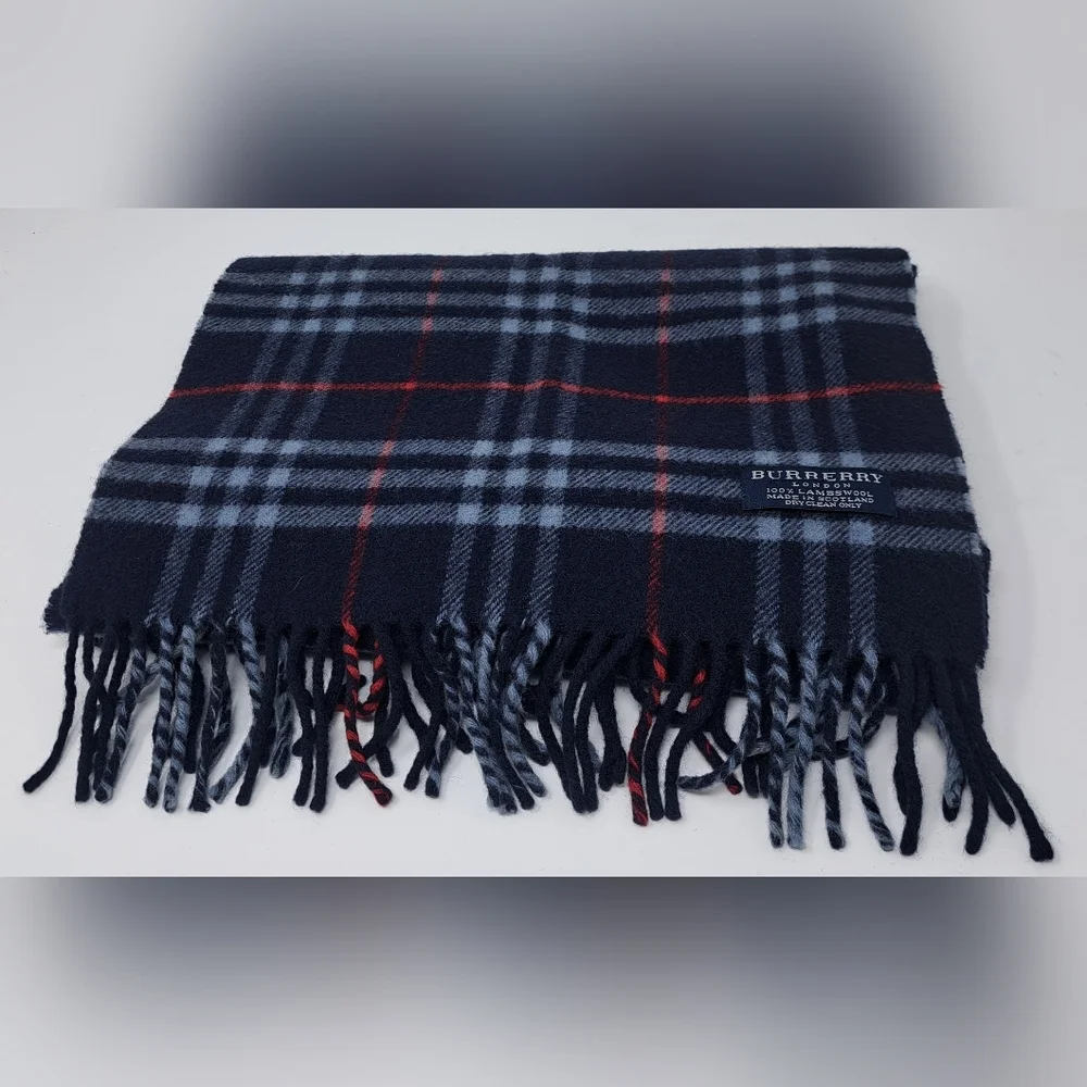 Burberry Vintage Scarf Nova Check 100% Cashmere Wool Scotland Navy Y2K 72" x 12" - Picture 2 of 13